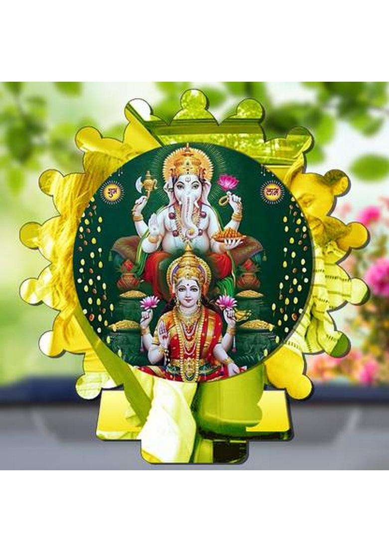 Sanbia Lakshmi Ganesh Ganapati Lakshmi Golden Mirror Shine Car Dashboard Idol Decorative Showpiece - 8 Cm(Plastic Multicolor Gold) - Indya