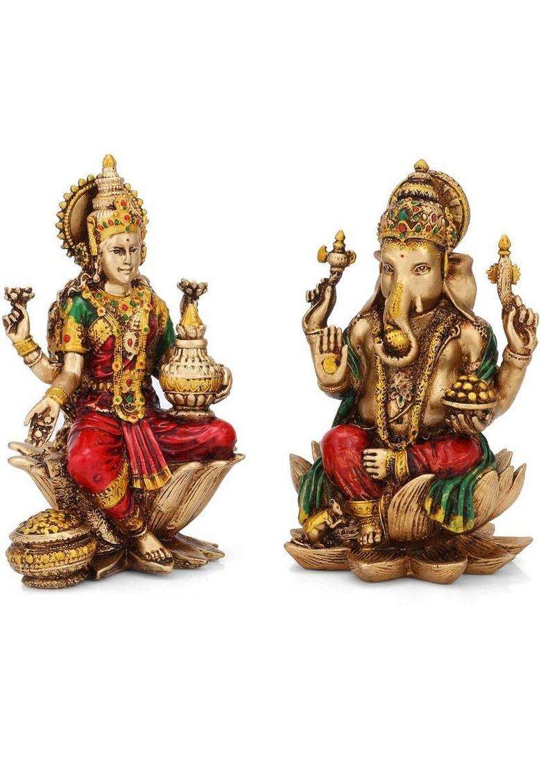 Srimaa Ventures Antique Laxmi Ganesh Idol For Prosperity Home Puja Temple (7 Inch) Decorative Showpiece - 17 Cm(Resin Multicolor) - Indya