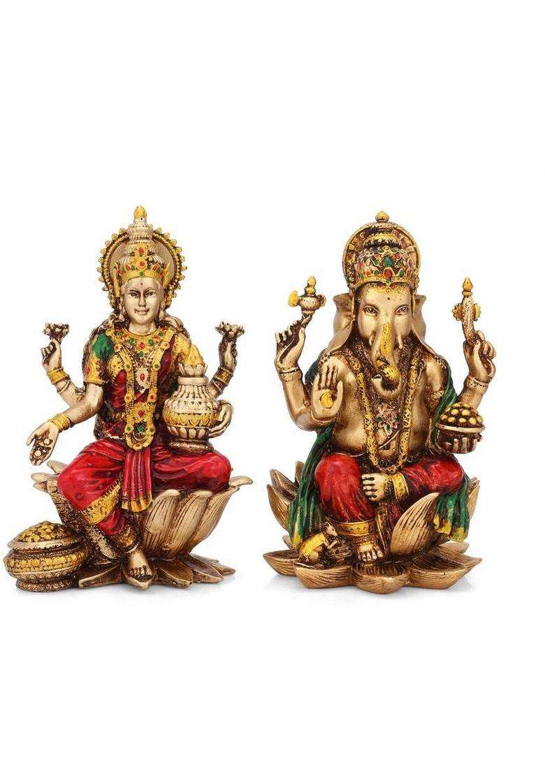 Srimaa Ventures Antique Laxmi Ganesh Idol For Prosperity Home Puja Temple (7 Inch) Decorative Showpiece - 17 Cm(Resin Multicolor) - Indya