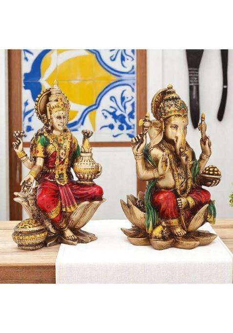 Srimaa Ventures Antique Laxmi Ganesh Idol For Prosperity Home Puja Temple (7 Inch) Decorative Showpiece - 17 Cm(Resin Multicolor)
