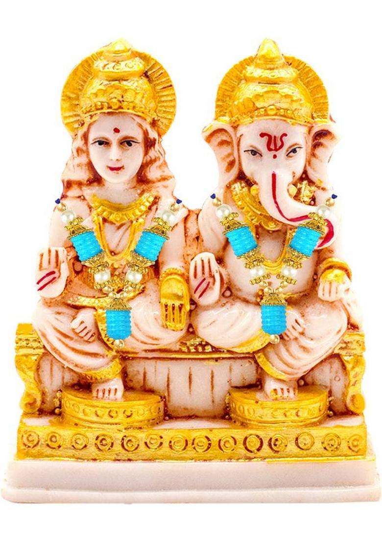 Noktus Marble Finish Laxmi Ganesh Idol For Pooja Room Lakshmi Ganesh Mala Set Gift Decorative Showpiece - 12 Cm(Marble Multicolor) - Indya