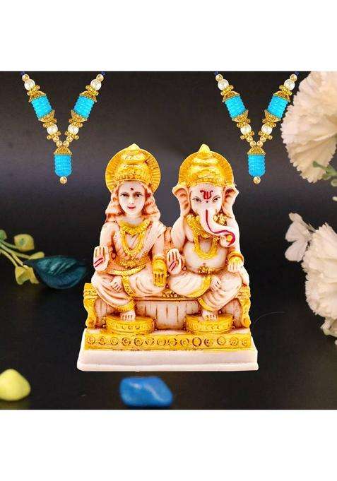 Noktus Marble Finish Laxmi Ganesh Idol For Pooja Room Lakshmi Ganesh Mala Set Gift Decorative Showpiece - 12 Cm(Marble Multicolor)