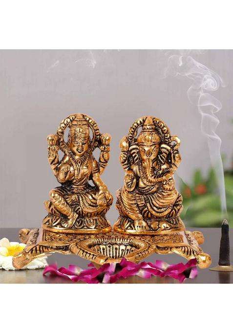 Kitlyn Mata Lakshmi With Ganesha God Idol Deepam Oil Lamp For Or Bringing Decorative Showpiece - 10 Cm(Brass Gold)