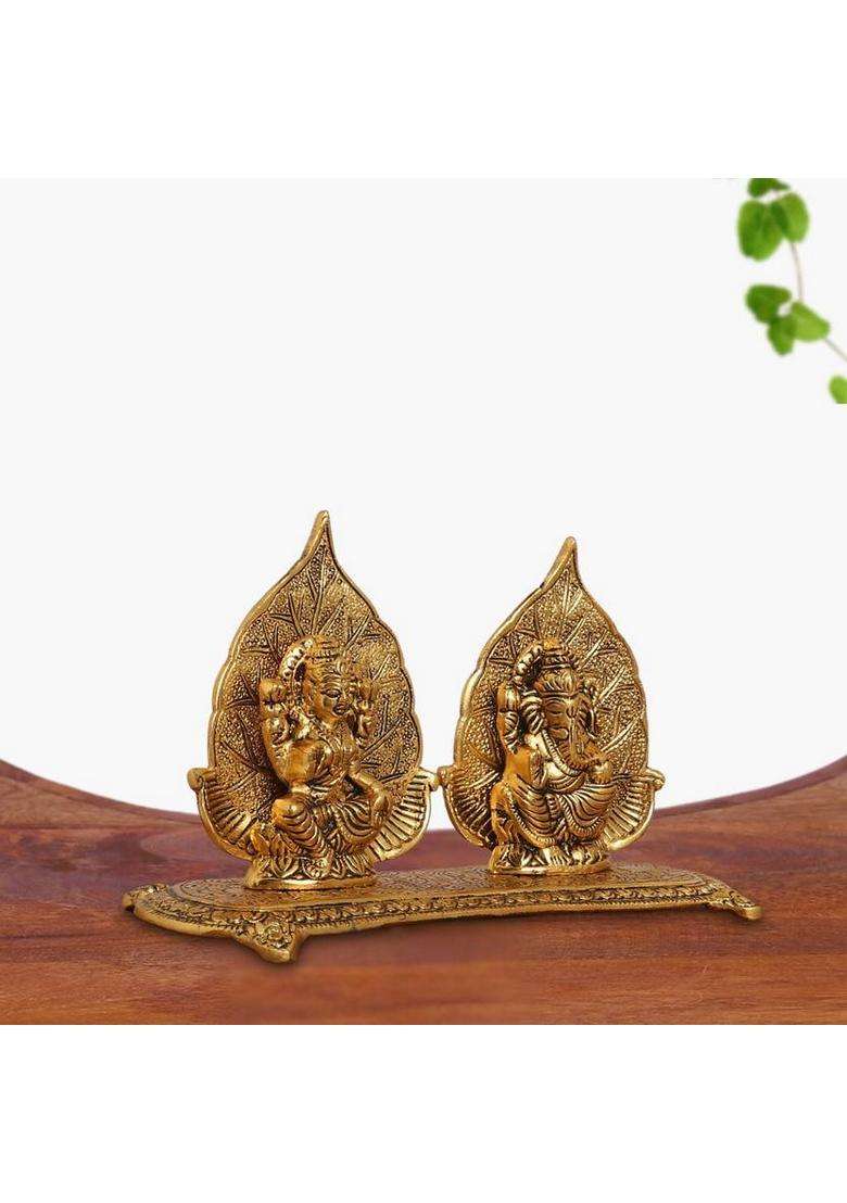 Smiles Gift Gold-Plated Lakshmi-Ganesha Leaf Frame Set With Base - Aluminium For Puja Decorative Showpiece - 15.24 Cm(Polyresin Gold) - Indya