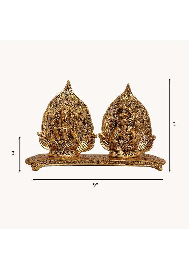 Smiles Gift Gold-Plated Lakshmi-Ganesha Leaf Frame Set With Base - Aluminium For Puja Decorative Showpiece - 15.24 Cm(Polyresin Gold) - Indya
