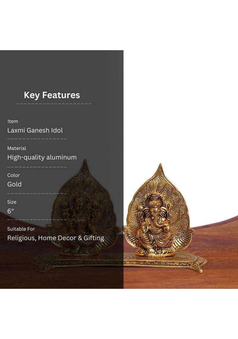 Smiles Gift Gold-Plated Lakshmi-Ganesha Leaf Frame Set With Base - Aluminium For Puja Decorative Showpiece - 15.24 Cm(Polyresin Gold) - Indya