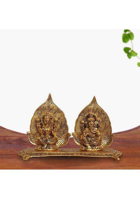 Smiles Gift Gold-Plated Lakshmi-Ganesha Leaf Frame Set With Base - Aluminium For Puja Decorative Showpiece - 15.24 Cm(Polyresin Gold)