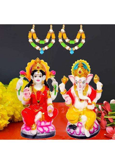 Kitlyn Laxmi Ganesh Idol For Deewali Puja Diwali Gifts - Mala Decorative Showpiece - 12 Cm(Polyresin Multicolor)