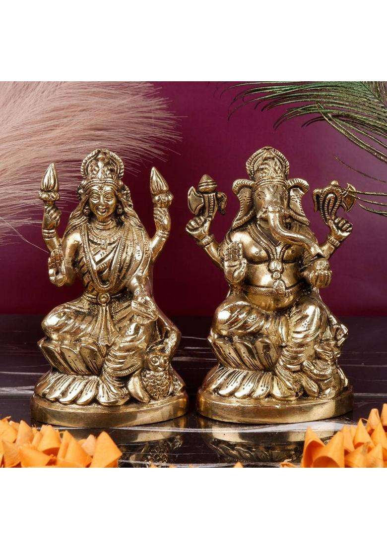 Jagyash Lakshmi Ganesh Set 16 Cm Religious Idol & Figurine Brass Metal Yellow Colour Decorative Showpiece - 16 Cm(Brass Yellow) - Indya