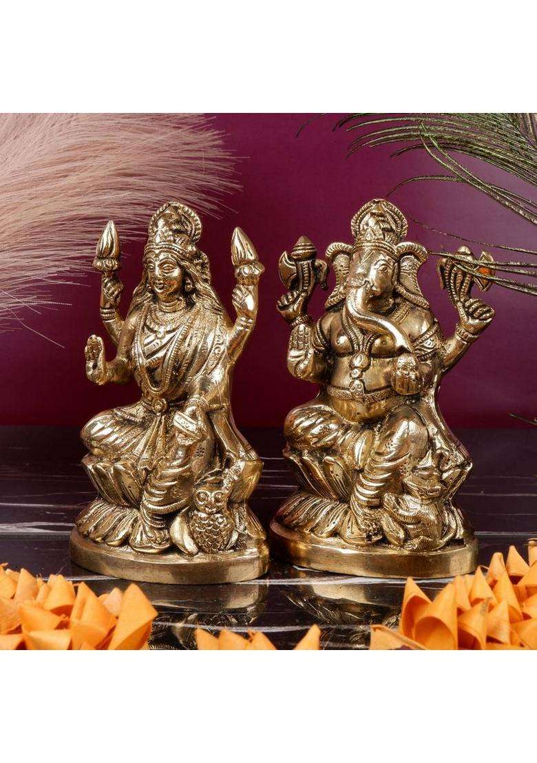 Jagyash Lakshmi Ganesh Set 16 Cm Religious Idol & Figurine Brass Metal Yellow Colour Decorative Showpiece - 16 Cm(Brass Yellow) - Indya