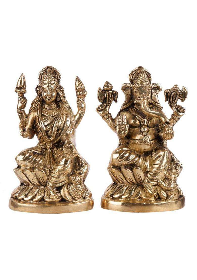 Jagyash Lakshmi Ganesh Set 16 Cm Religious Idol & Figurine Brass Metal Yellow Colour Decorative Showpiece - 16 Cm(Brass Yellow) - Indya