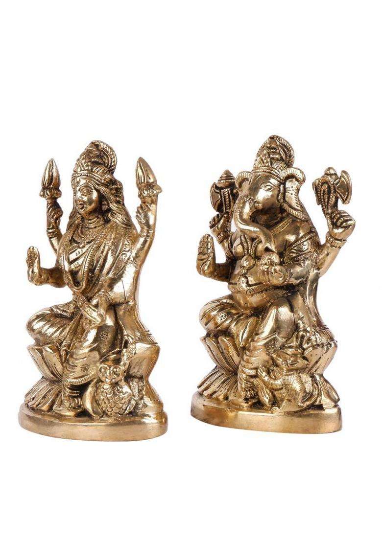 Jagyash Lakshmi Ganesh Set 16 Cm Religious Idol & Figurine Brass Metal Yellow Colour Decorative Showpiece - 16 Cm(Brass Yellow) - Indya