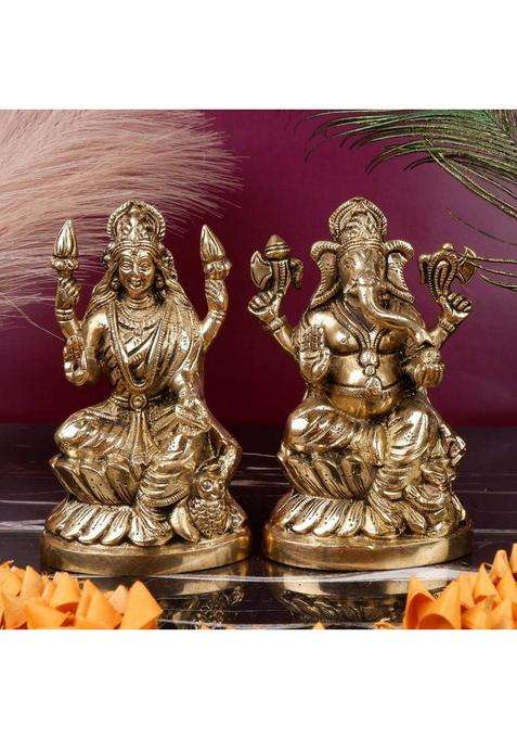 Jagyash Lakshmi Ganesh Set 16 Cm Religious Idol & Figurine Brass Metal Yellow Colour Decorative Showpiece - 16 Cm(Brass Yellow)