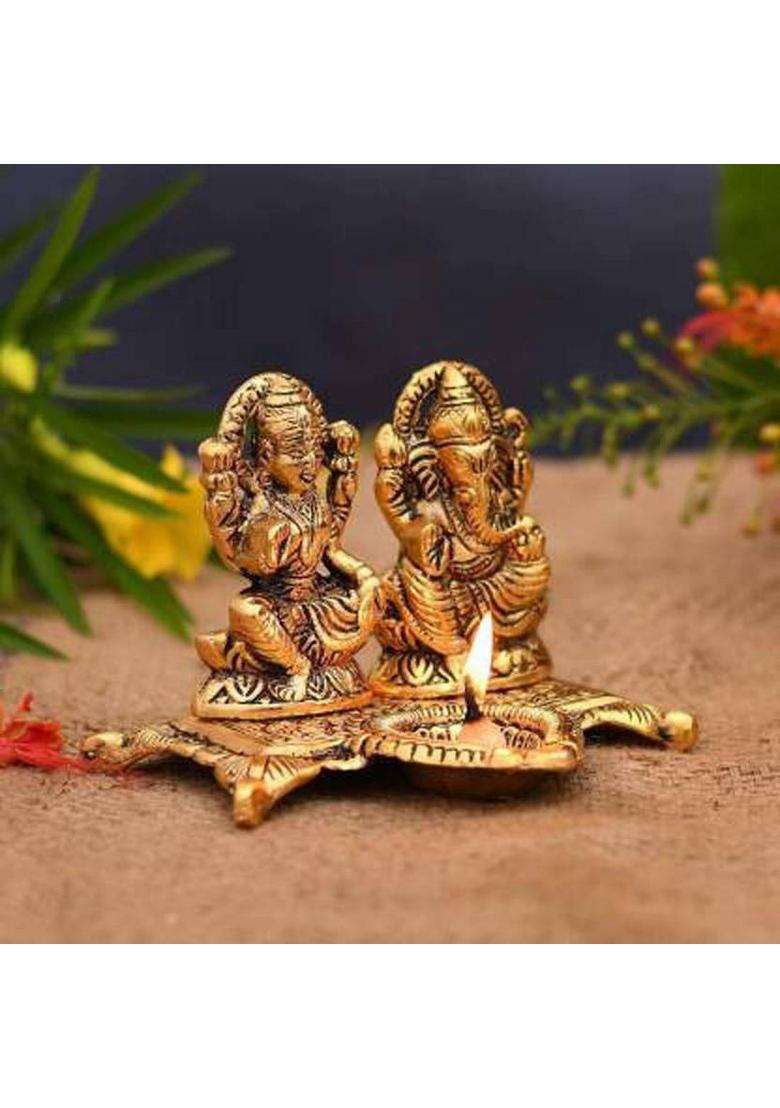 Navyaksh Best Quality Laxmi Ganesh Chowki Idol Showpiece Oil Lamp Diya Deepak - Metal (Go Decorative Showpiece - 10 Cm(Metal Gold) - Indya