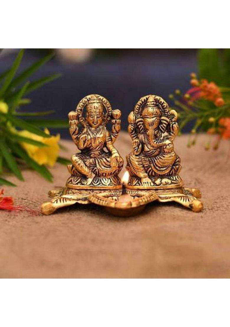 Navyaksh Best Quality Laxmi Ganesh Chowki Idol Showpiece Oil Lamp Diya Deepak - Metal (Go Decorative Showpiece - 10 Cm(Metal Gold) - Indya