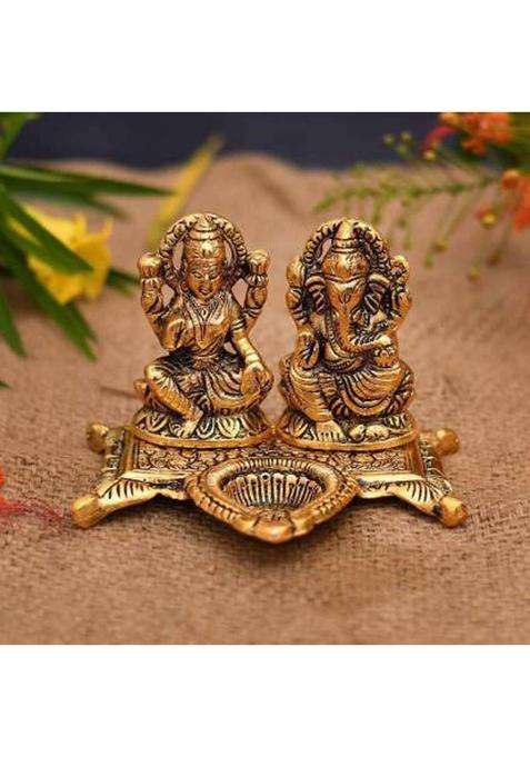 Navyaksh Best Quality Laxmi Ganesh Chowki Idol Showpiece Oil Lamp Diya Deepak - Metal (Go Decorative Showpiece - 10 Cm(Metal Gold)