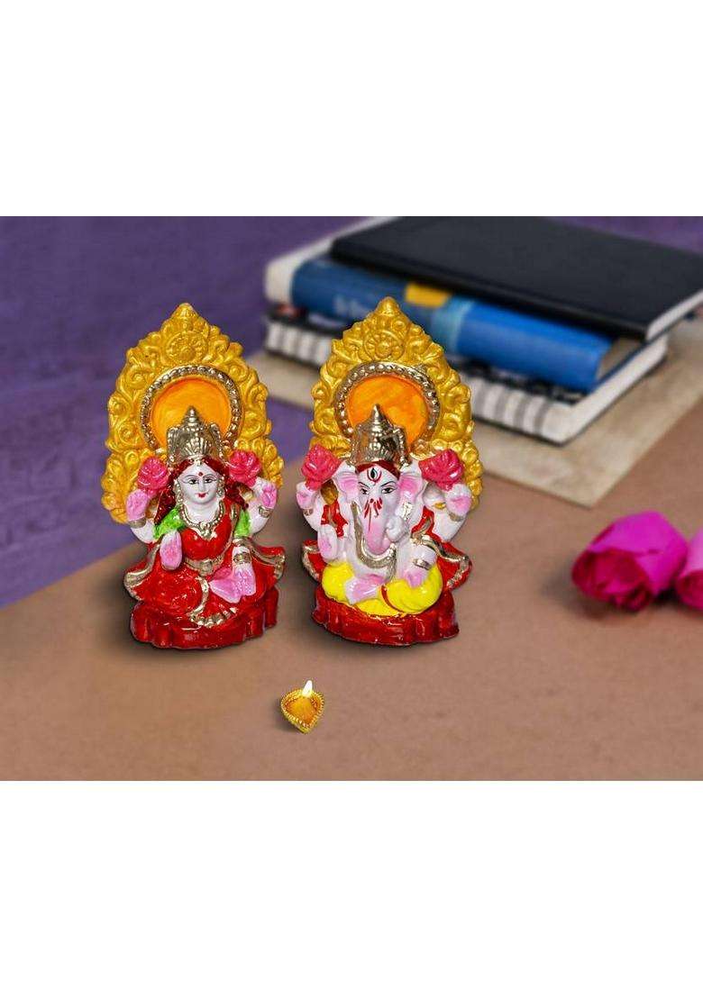 Love And Joy Ganesh Ji & Lakshmi Ji With Chhatar Large Decorative Showpiece - 14 Cm (Terracotta Multicolor) Decorative Showpiece - 12 Cm(Terracotta Multicolor) - Indya