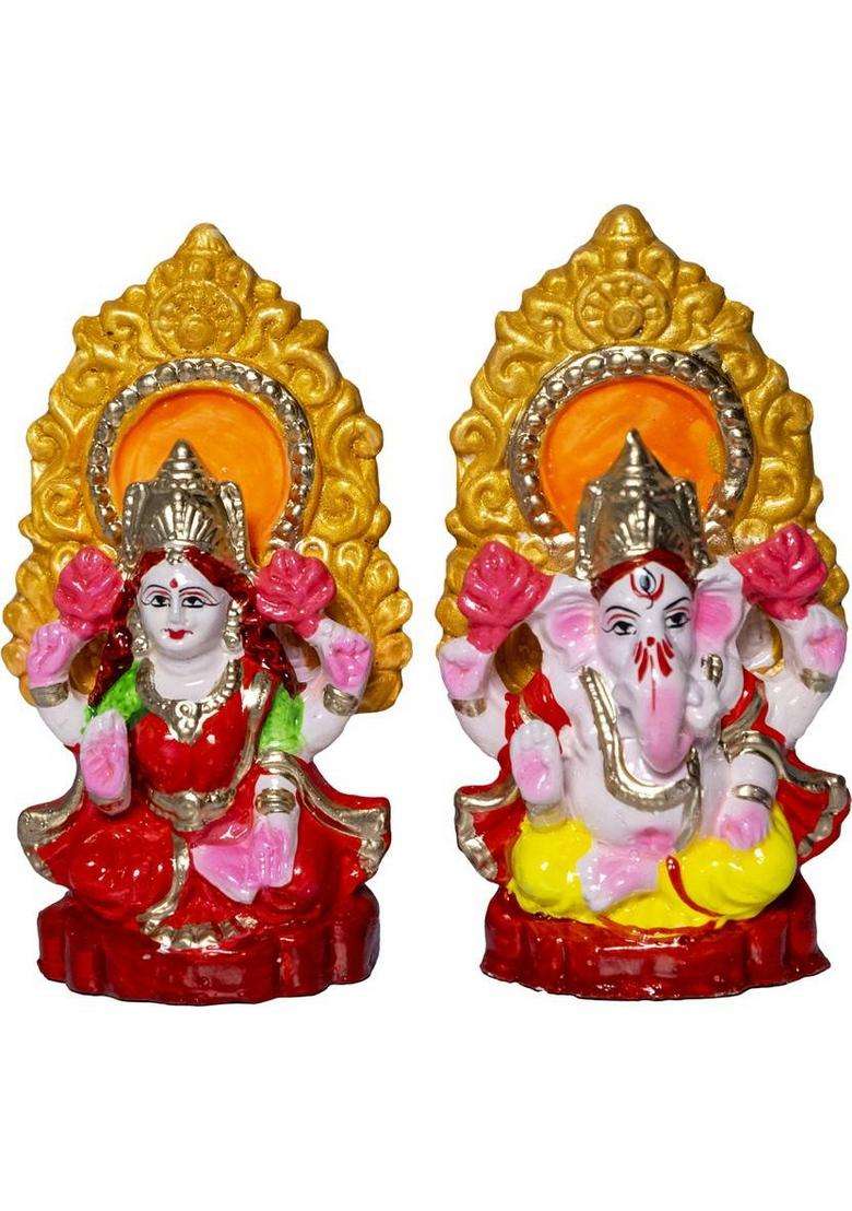 Love And Joy Ganesh Ji & Lakshmi Ji With Chhatar Large Decorative Showpiece - 14 Cm (Terracotta Multicolor) Decorative Showpiece - 12 Cm(Terracotta Multicolor) - Indya