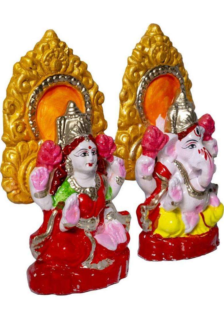 Love And Joy Ganesh Ji & Lakshmi Ji With Chhatar Large Decorative Showpiece - 14 Cm (Terracotta Multicolor) Decorative Showpiece - 12 Cm(Terracotta Multicolor) - Indya
