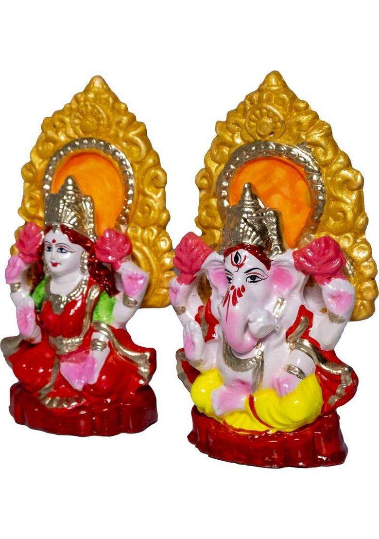 Love And Joy Ganesh Ji & Lakshmi Ji With Chhatar Large Decorative Showpiece - 14 Cm (Terracotta Multicolor) Decorative Showpiece - 12 Cm(Terracotta Multicolor) - Indya