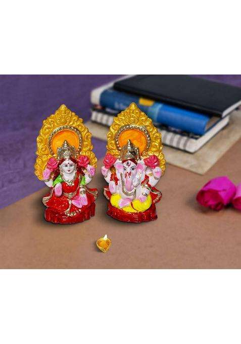 Love And Joy Ganesh Ji & Lakshmi Ji With Chhatar Large Decorative Showpiece - 14 Cm (Terracotta Multicolor) Decorative Showpiece - 12 Cm(Terracotta Multicolor)