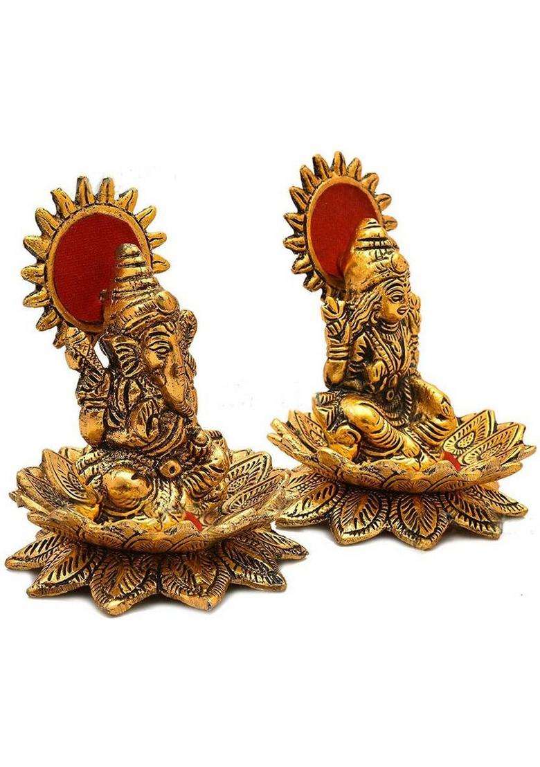 Daridra Bhanjan Lotus Sitting Lord Lakshmi/Ganesha Laxmi/Ganesh Idol/Lakshmi Ganesh/Home Decor Decorative Showpiece - 10 Cm(Metal Gold) - Indya