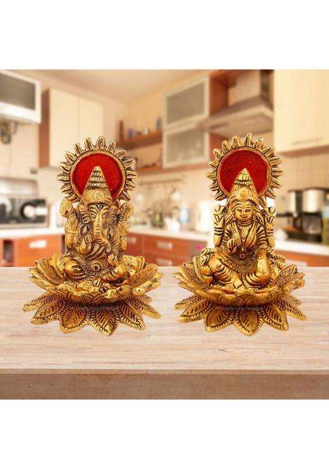 Daridra Bhanjan Lotus Sitting Lord Lakshmi/Ganesha Laxmi/Ganesh Idol/Lakshmi Ganesh/Home Decor Decorative Showpiece - 10 Cm(Metal Gold)