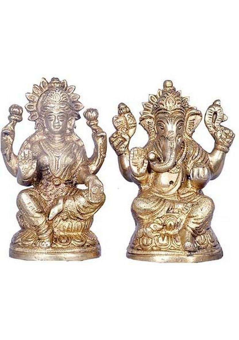 Somendraa Lakshmi Ganesh God Idol Brass Yellow - 11Cm Decorative Showpiece - 11 Cm(Brass Yellow) - Indya