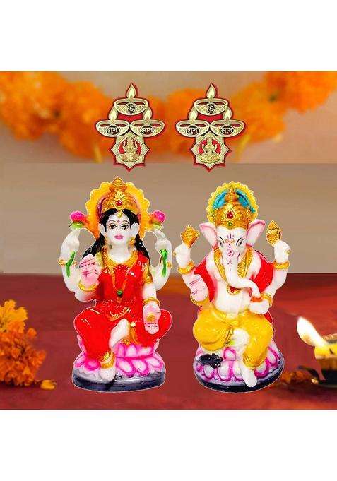 Kitlyn Lord Ganesha With Mata Lakshmi Ji Pair Showpiece Laxmi-Ganesh Wall/Door Sticker Decorative Showpiece - 12 Cm(Polyresin Multicolor)