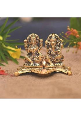 Sanskaari Metal Laxmi Ganesh Idol With Diya Showpiece For Home Decor And Gifts Decorative Showpiece - 12 Cm(Aluminium Gold)