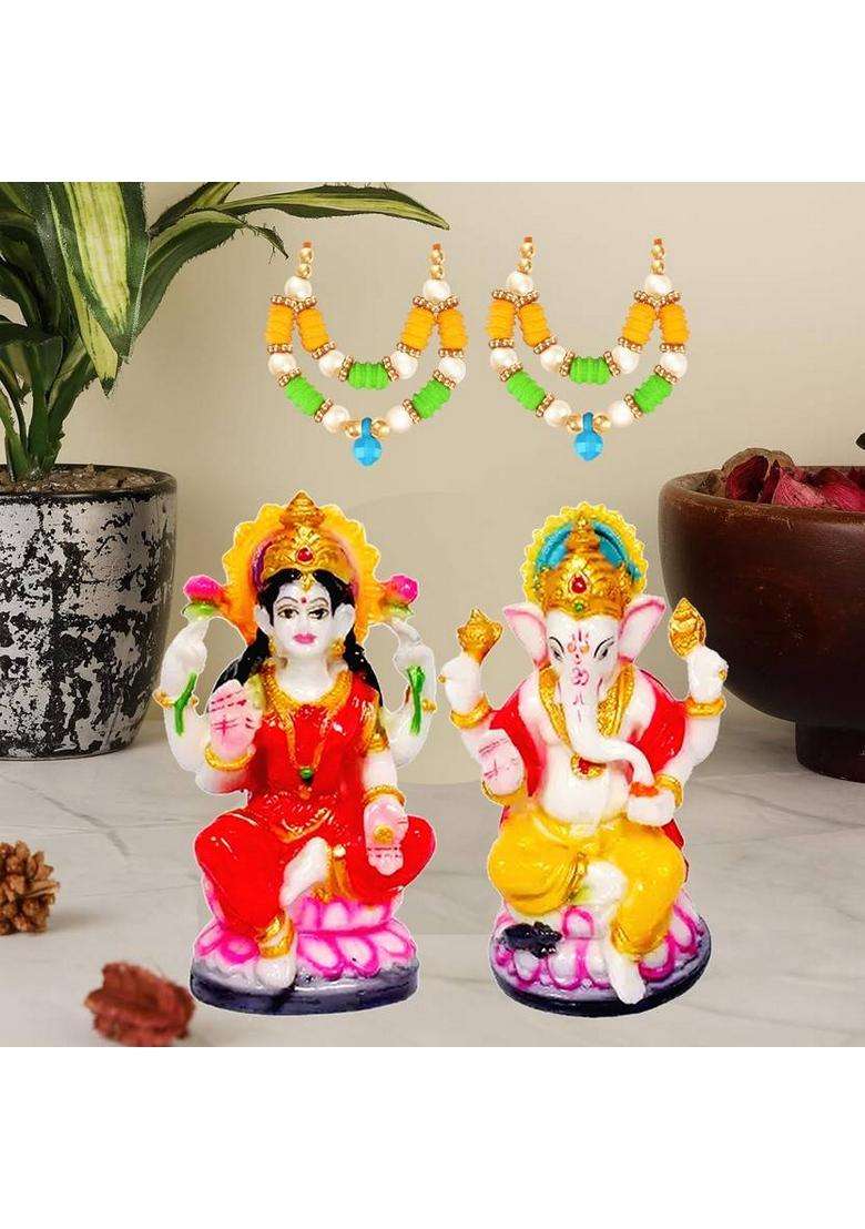 Kitlyn Combo Of 3 1 Laxmi Ganesh Murti For Diwali Puja 2 Laxmi Ganesh Maala Decorative Showpiece - 12 Cm(Resin Multicolor) - Indya