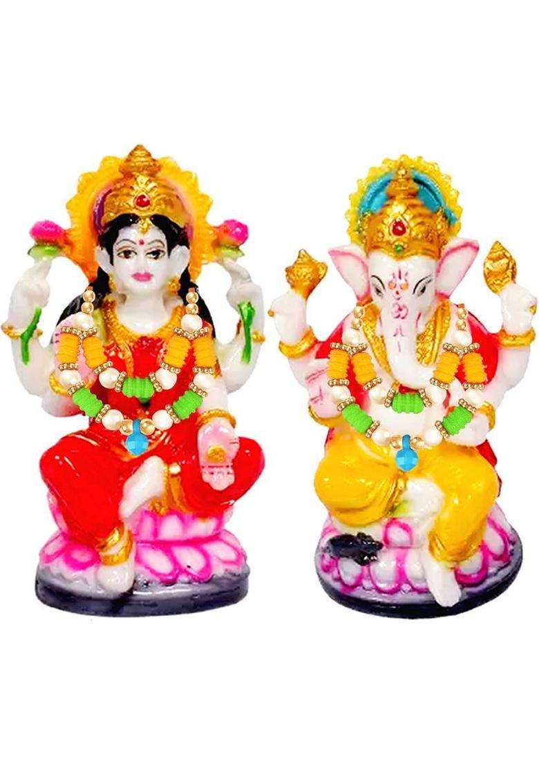 Kitlyn Combo Of 3 1 Laxmi Ganesh Murti For Diwali Puja 2 Laxmi Ganesh Maala Decorative Showpiece - 12 Cm(Resin Multicolor) - Indya
