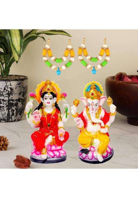 Kitlyn Combo Of 3 1 Laxmi Ganesh Murti For Diwali Puja 2 Laxmi Ganesh Maala Decorative Showpiece - 12 Cm(Resin Multicolor)