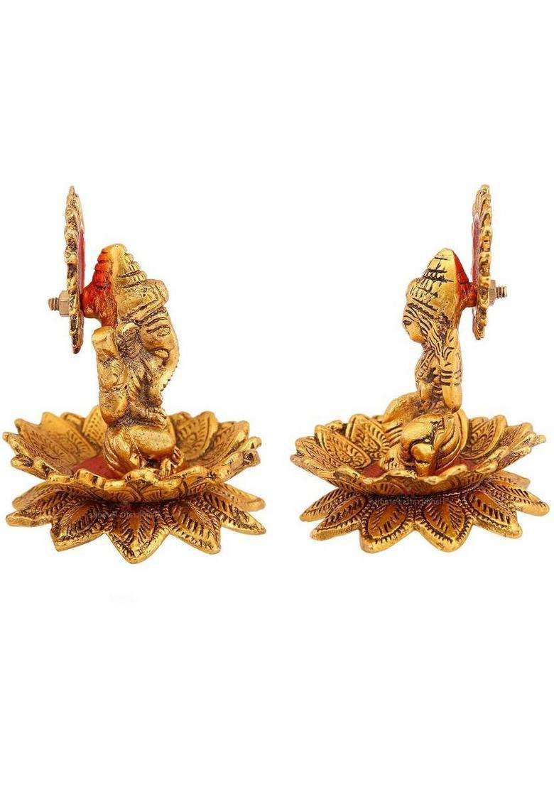 Daridra Bhanjan Lotus Sitting Lord Lakshmi Ganesh Temple /Laxmi Ganesh Idol /Home Decor Decorative Showpiece - 10 Cm(Metal Gold) - Indya
