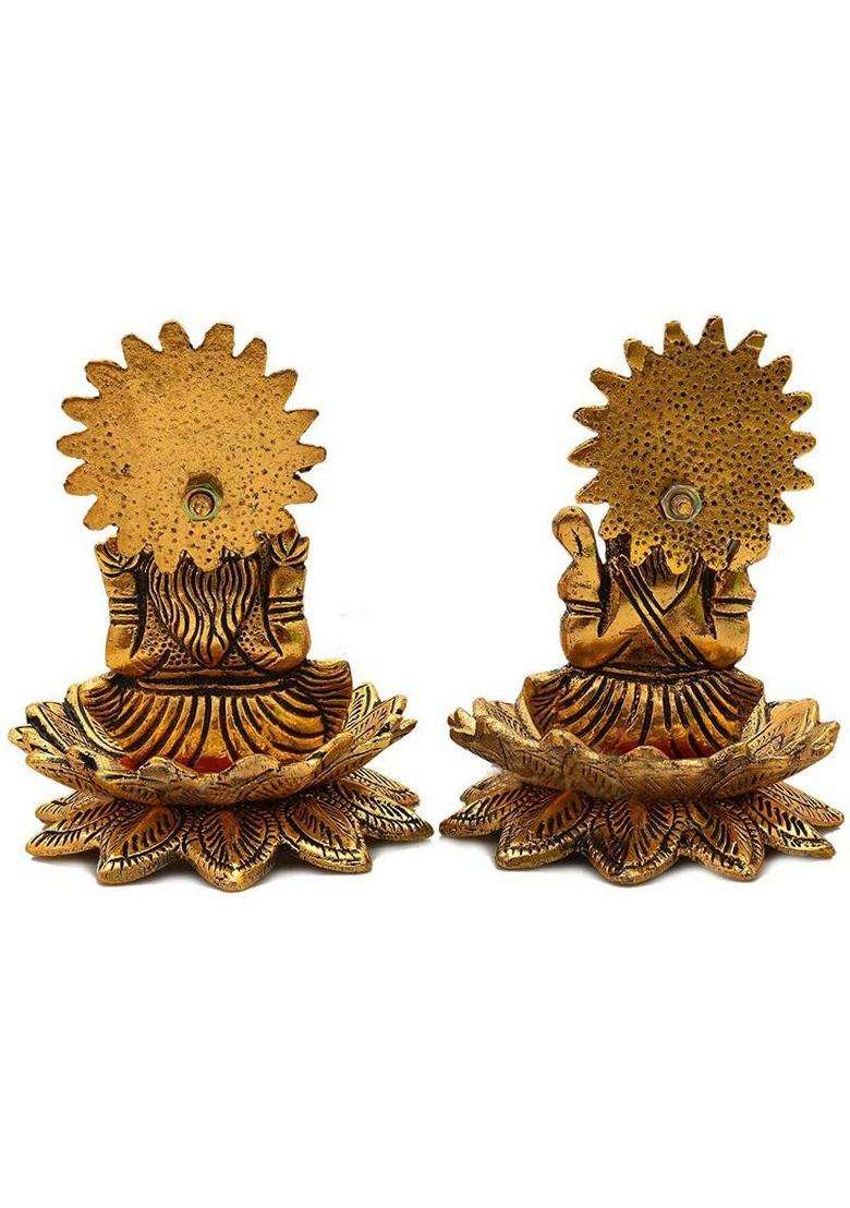 Daridra Bhanjan Lotus Sitting Lord Lakshmi Ganesh Temple /Laxmi Ganesh Idol /Home Decor Decorative Showpiece - 10 Cm(Metal Gold) - Indya