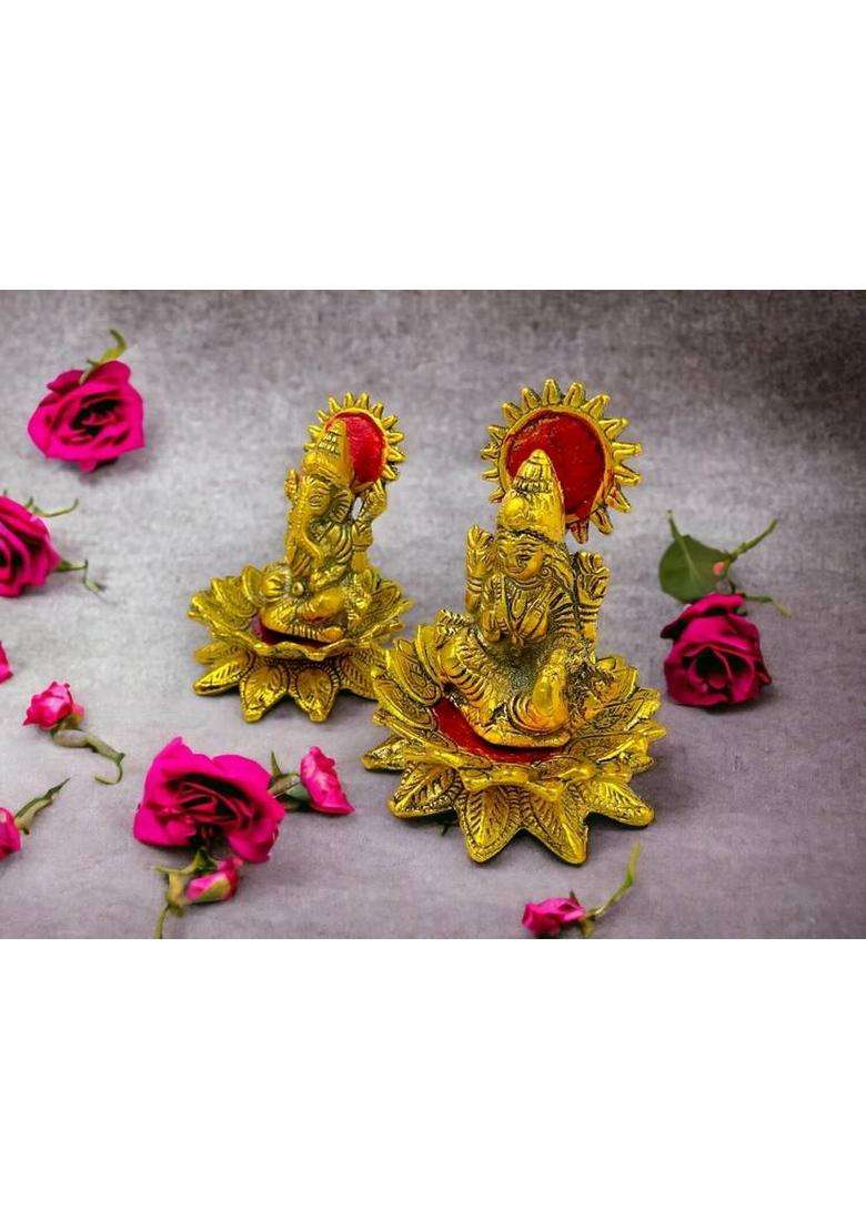 Daridra Bhanjan Lotus Sitting Lord Lakshmi Ganesh Temple /Laxmi Ganesh Idol /Home Decor Decorative Showpiece - 10 Cm(Metal Gold) - Indya
