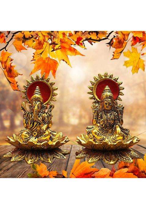 Daridra Bhanjan Lotus Sitting Lord Lakshmi Ganesh Temple /Laxmi Ganesh Idol /Home Decor Decorative Showpiece - 10 Cm(Metal Gold)