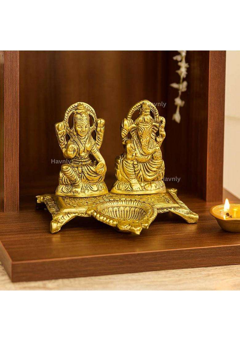 Havnly Metal Lakshmi Ganesh Statue With Oil Lamp Diya Decorative Showpiece - 12 Cm(Metal Gold) - Indya