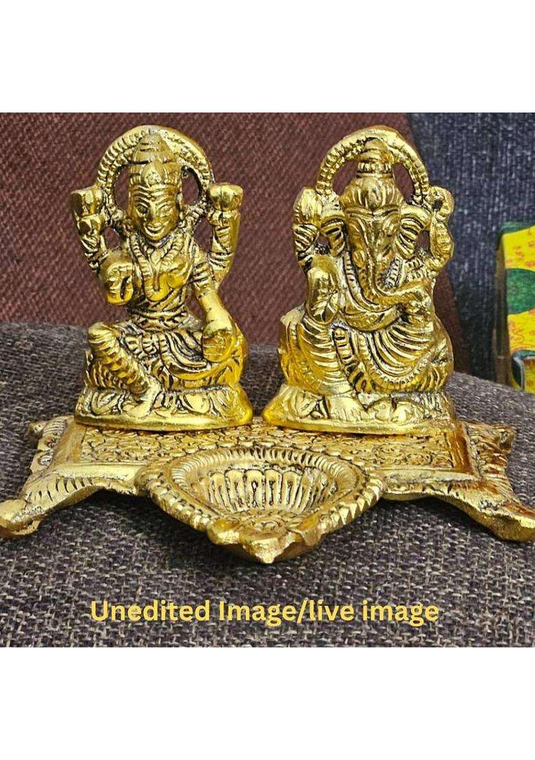 Havnly Metal Lakshmi Ganesh Statue With Oil Lamp Diya Decorative Showpiece - 12 Cm(Metal Gold) - Indya