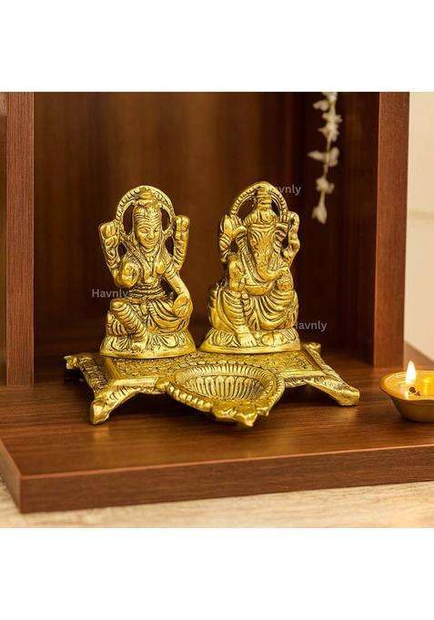Havnly Metal Lakshmi Ganesh Statue With Oil Lamp Diya Decorative Showpiece - 12 Cm(Metal Gold)