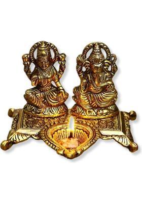 Etansokfft Lakshmi Ganesha With Deepak Murti Idol Puja Home Decoration Ganesh Laxmi Statue Decorative Showpiece - 14.5 Cm(Metal Gold)