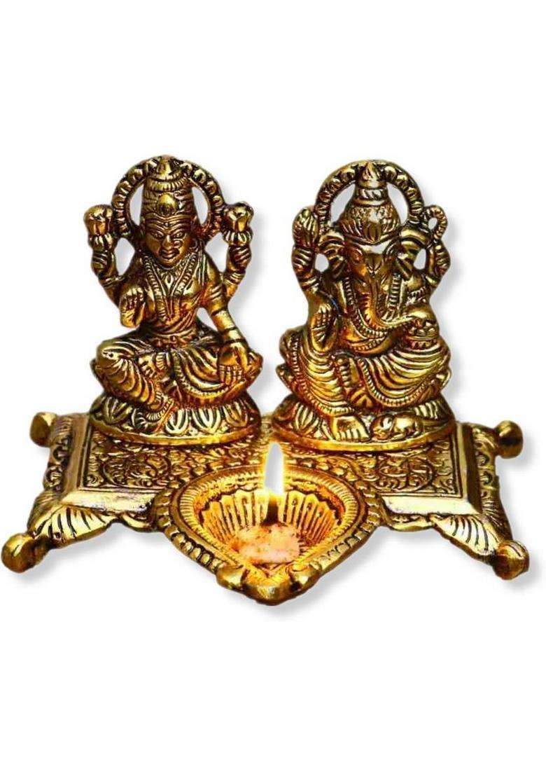 Etansokfft Lakshmi Ganesha With Deepak Murti Idol Puja Home Decoration Ganesh Laxmi Statue Decorative Showpiece - 14.5 Cm(Metal Gold) - Indya