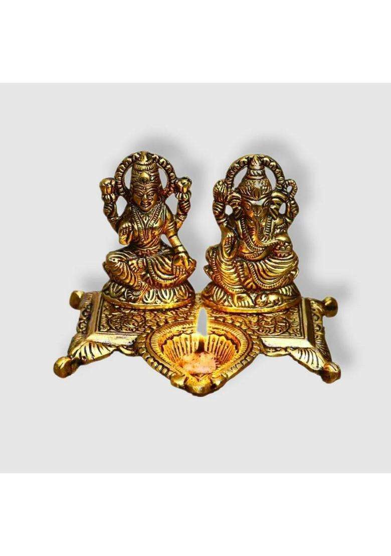 Etansokfft Lakshmi Ganesha With Deepak Murti Idol Puja Home Decoration Ganesh Laxmi Statue Decorative Showpiece - 14.5 Cm(Metal Gold) - Indya