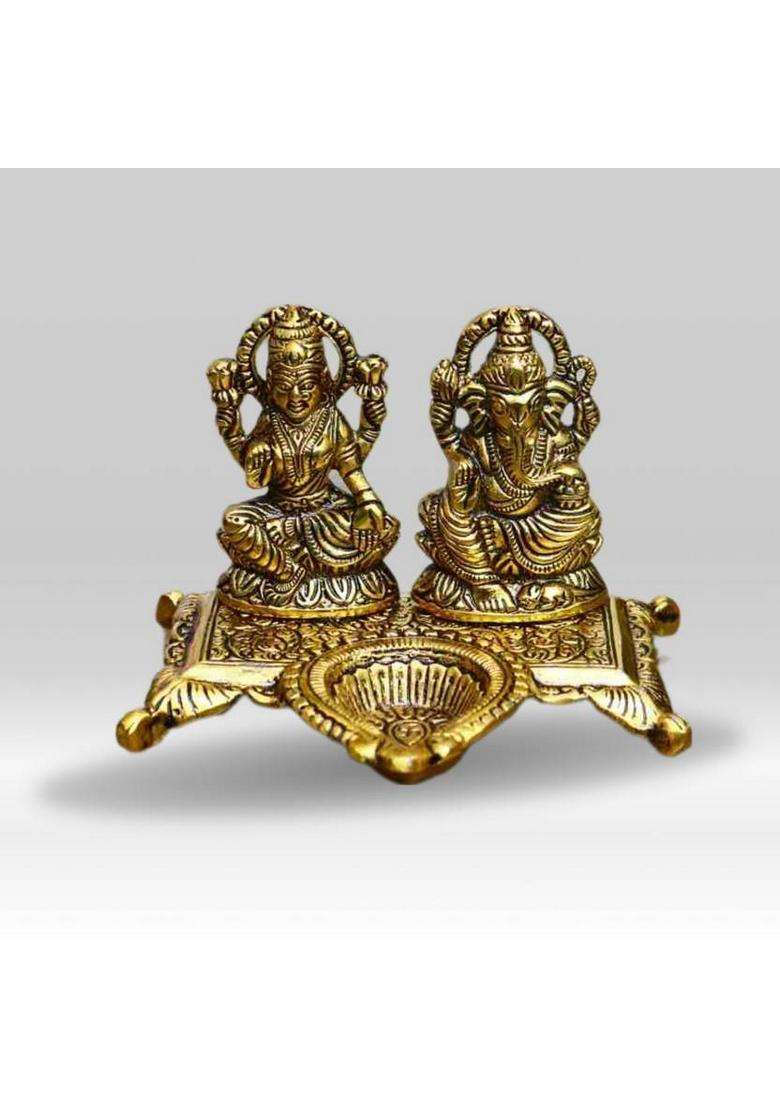 Etansokfft Lakshmi Ganesha With Deepak Murti Idol Puja Home Decoration Ganesh Laxmi Statue Decorative Showpiece - 14.5 Cm(Metal Gold) - Indya
