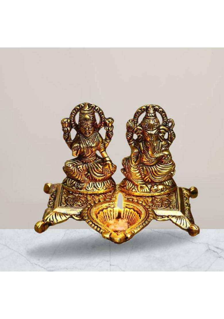 Etansokfft Lakshmi Ganesha With Deepak Murti Idol Puja Home Decoration Ganesh Laxmi Statue Decorative Showpiece - 14.5 Cm(Metal Gold) - Indya