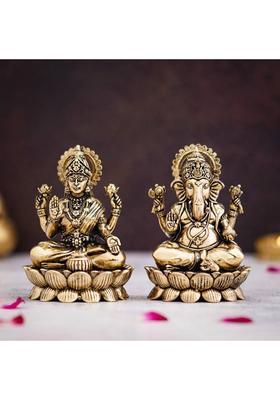 Shyam Antique Creation Pair Of 4 Inch Laxmi Ganesh Sitting Idol Lakshmi Ganesha Murti Statue For Home Decorative Showpiece - 10.16 Cm(Brass Gold)
