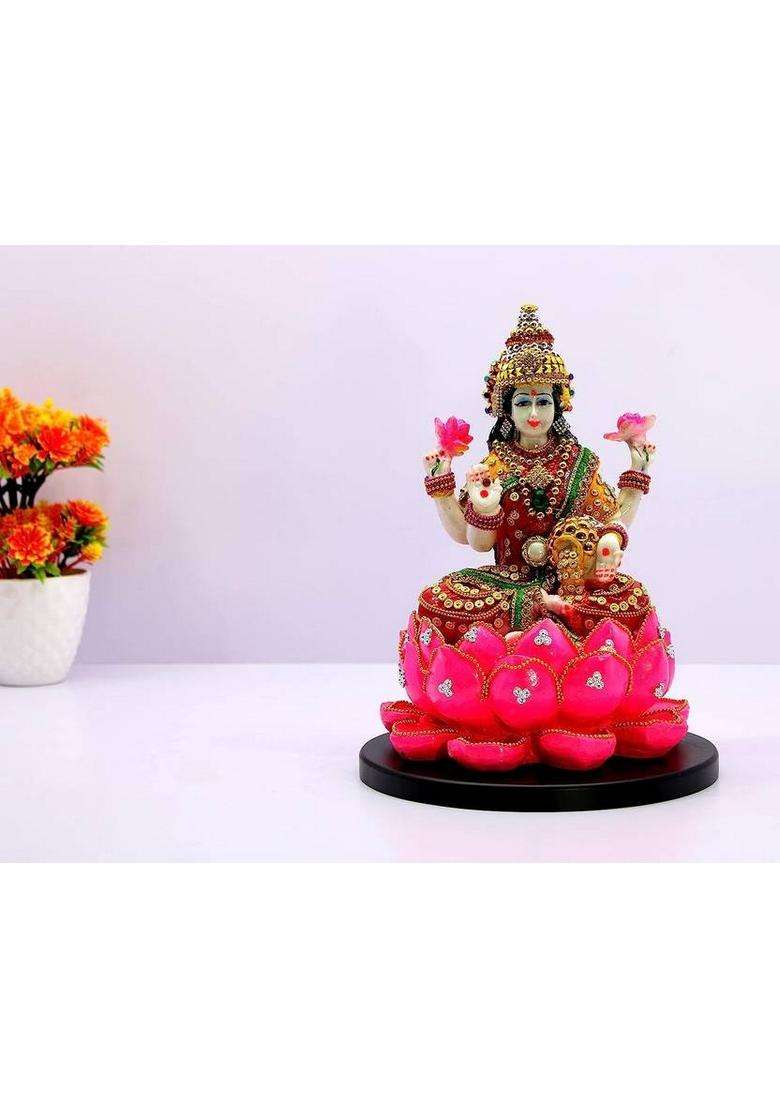 Kalkas Enterprises Decorative Goddess Laxmi Figurine Adorned With Jewels And Gems 20 Cm Tall Decorative Showpiece - 21 Cm(Resin Pink) - Indya