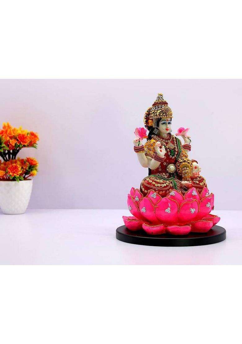 Kalkas Enterprises Decorative Goddess Laxmi Figurine Adorned With Jewels And Gems 20 Cm Tall Decorative Showpiece - 21 Cm(Resin Pink) - Indya