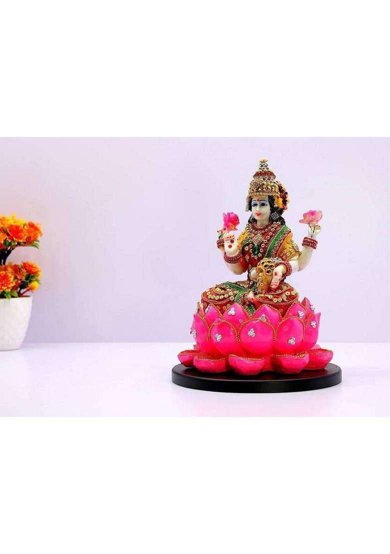 Kalkas Enterprises Decorative Goddess Laxmi Figurine Adorned With Jewels And Gems 20 Cm Tall Decorative Showpiece - 21 Cm(Resin Pink) - Indya