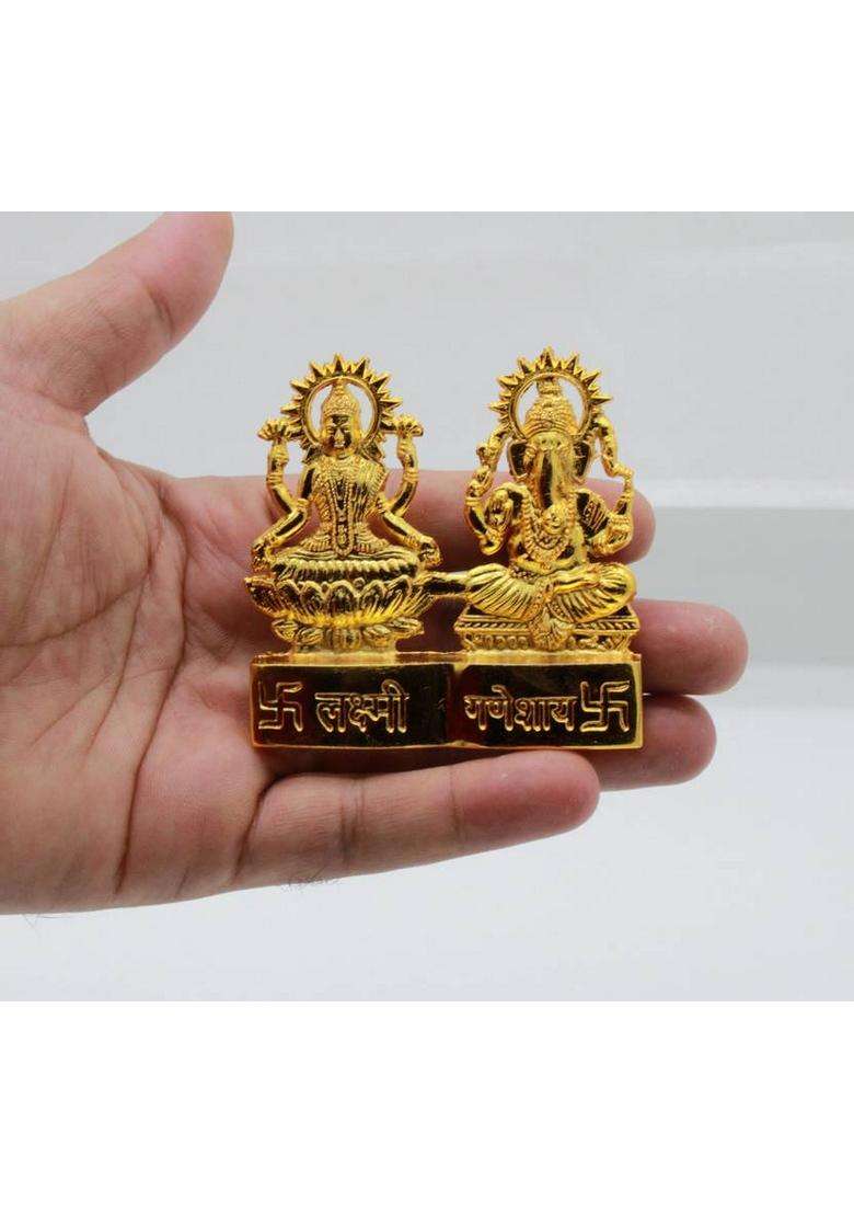 Godblessing Gold Plated Laxmi Ganesh Statue Idol For Home Mandir Office Table Shop Mandir Car Dashboard Diwali Pooja/Worship Decorative Showpiece - 7 Cm(Aluminium Gold) - Indya
